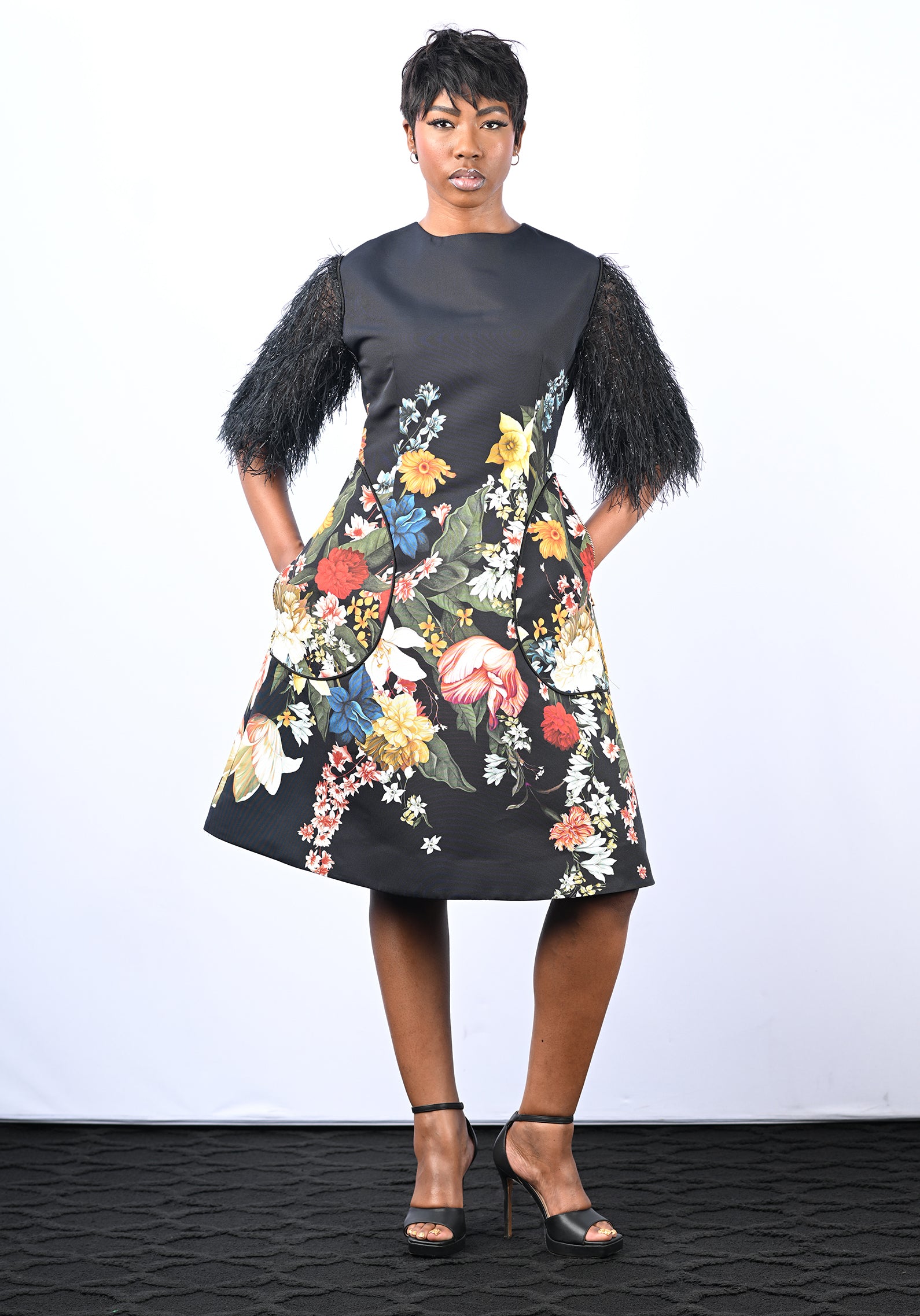 Black Floral Dress with Feather Sleeves