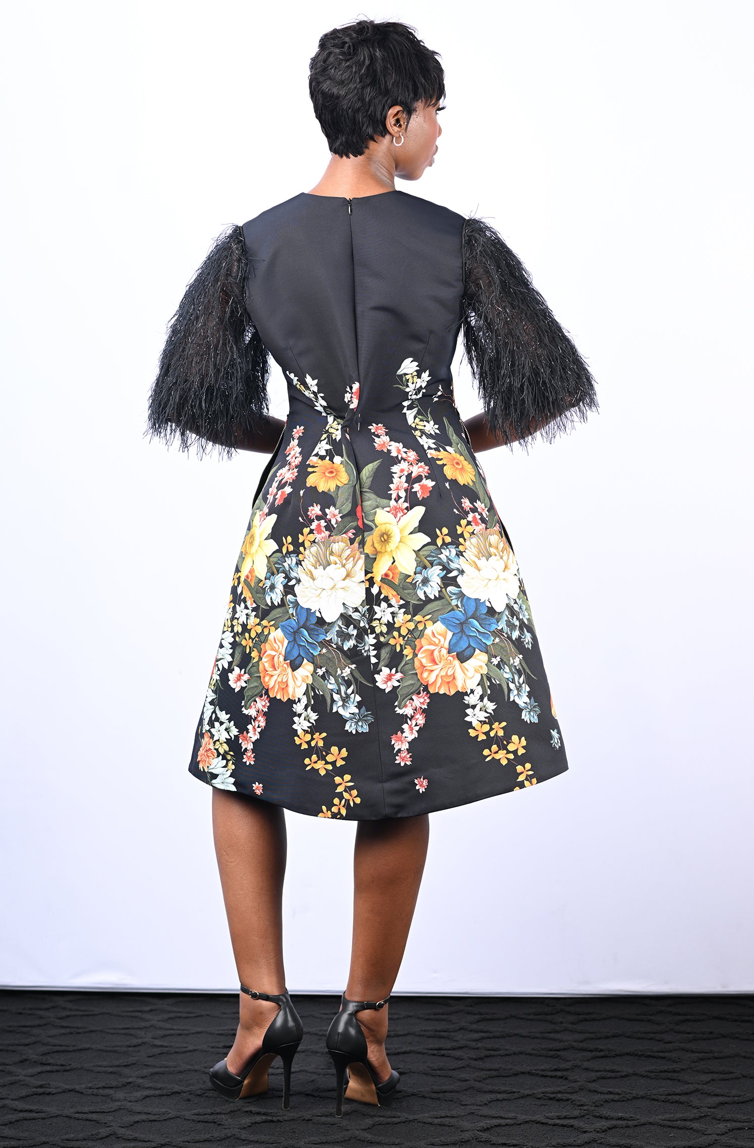 Black Floral Dress with Feather Sleeves