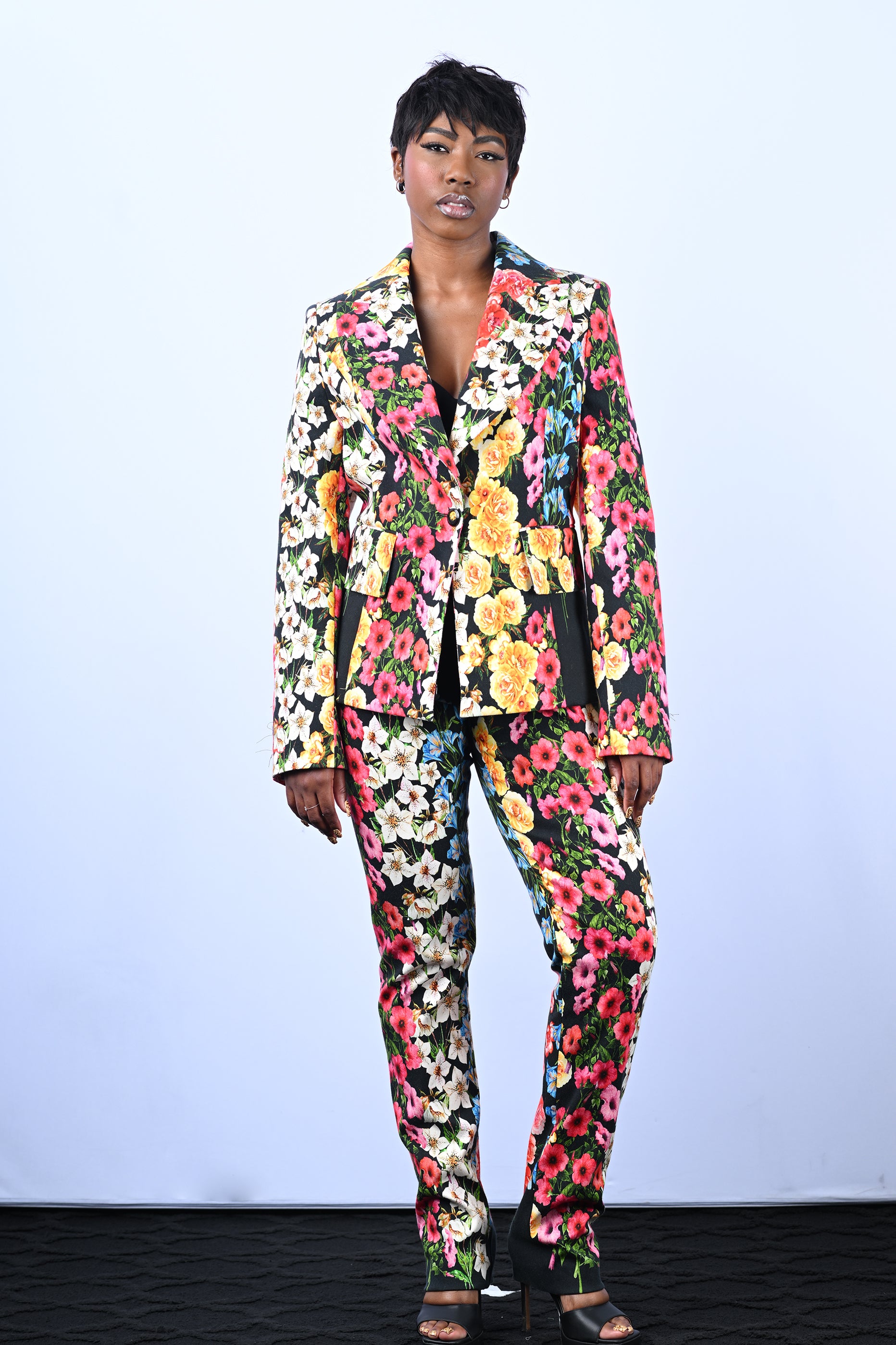 Black Multicolor Floral Suit Pant