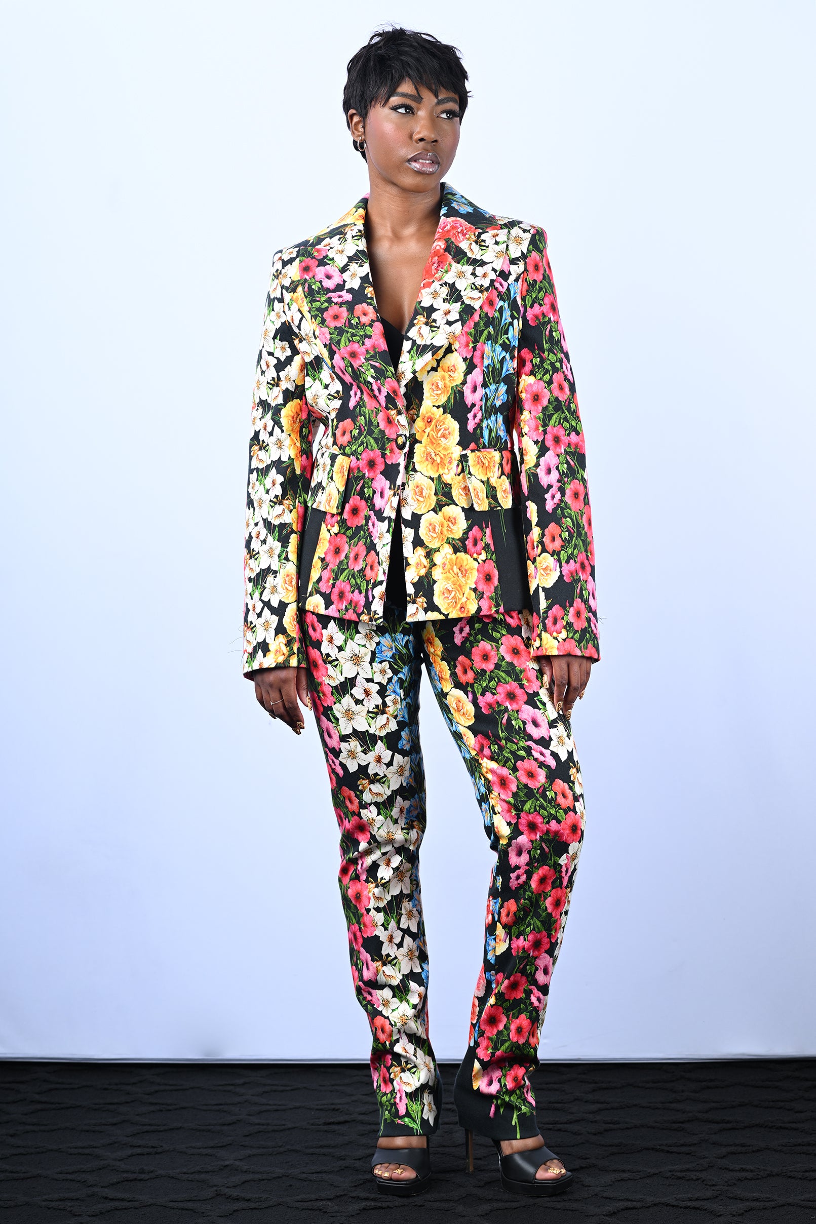 Black Multicolor Floral Suit Jacket