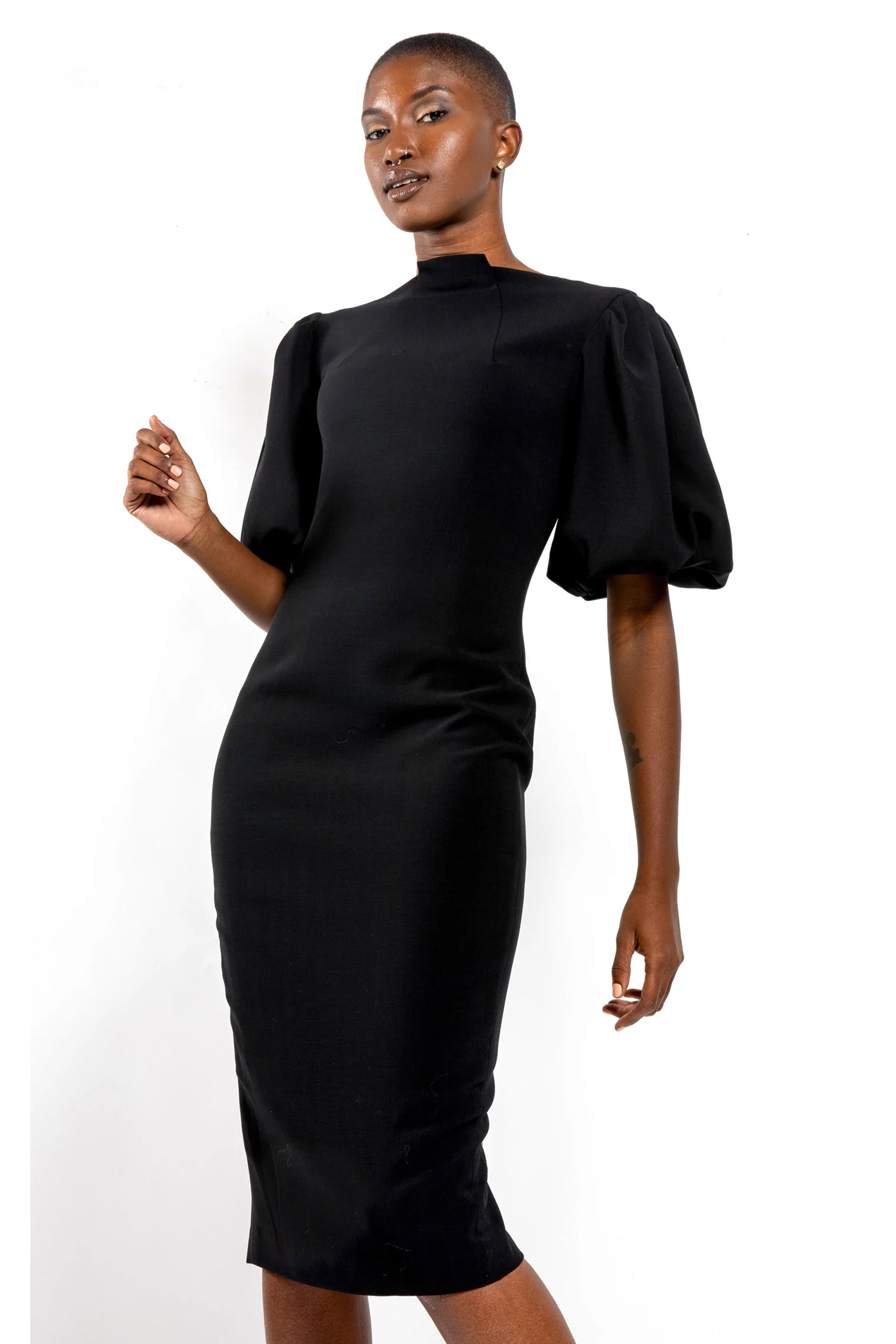 Center High-Neck Dress with Puffed Sleeves Jody Davis Center High-Neck Dress with Puffed Sleeves Jody Davis
