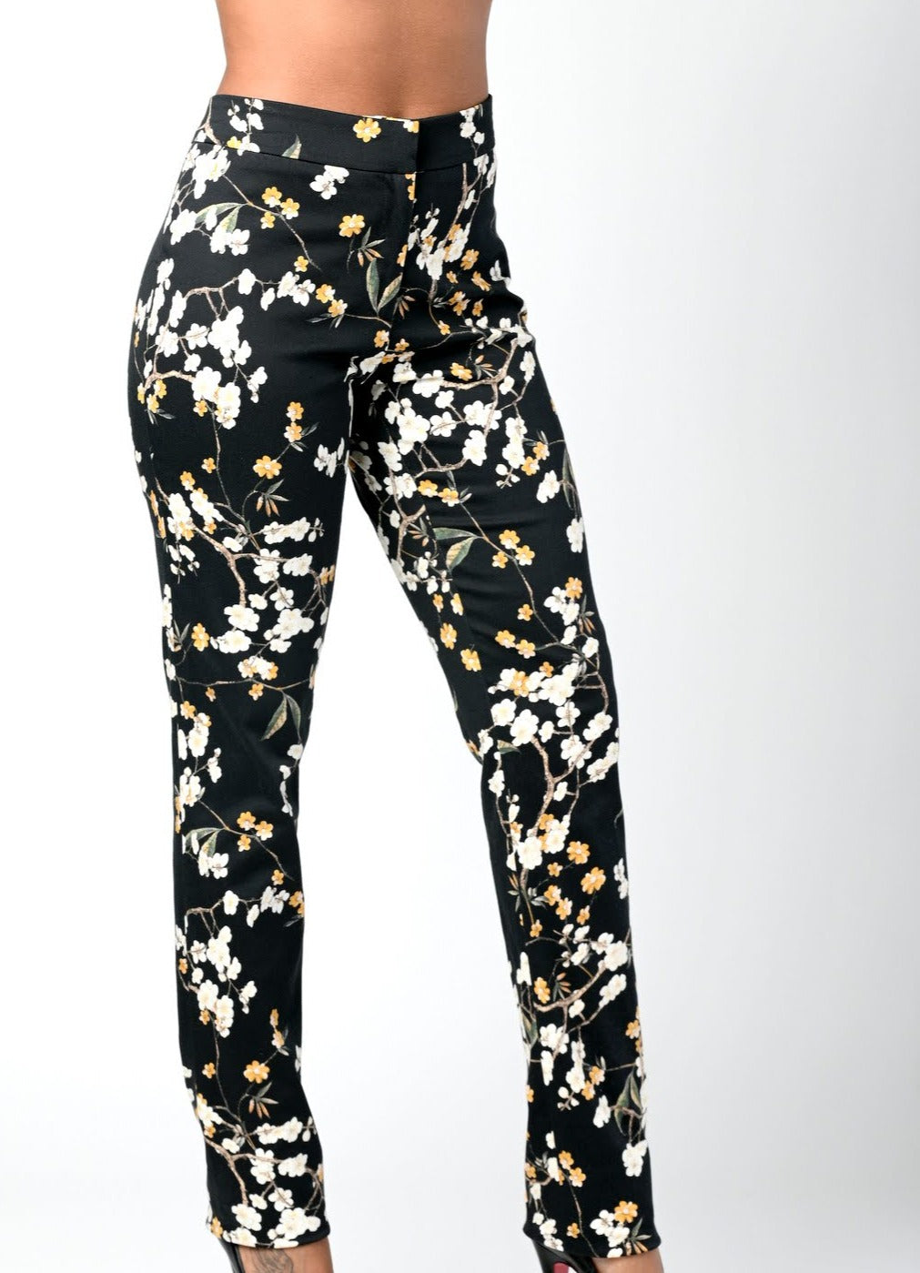 Black Floral Cotton Print Straight Leg Pant