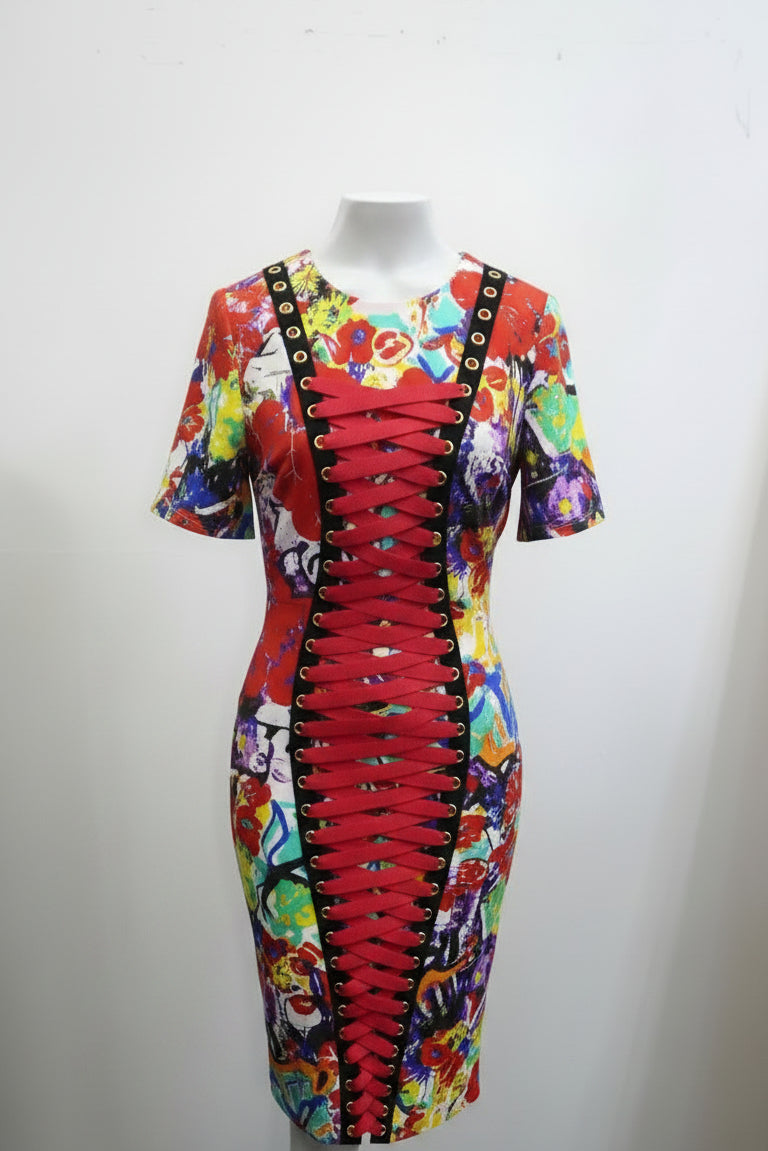 Bodycon Lace-Up Front Multicolor print Dress