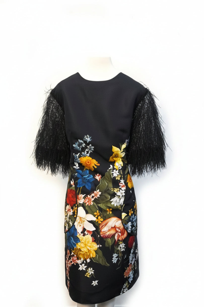 Black Floral Dress with Feather Sleeves