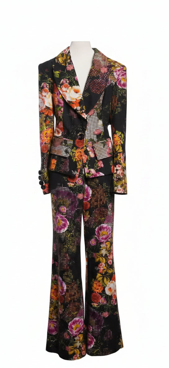 Black Cotton Floral Print Pants