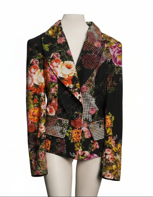 Button Front Black Cotton Floral Print Blazer