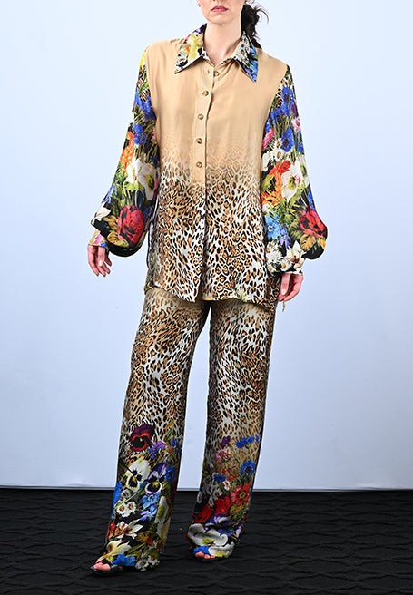Floral Leopard Print Wide Leg Pant