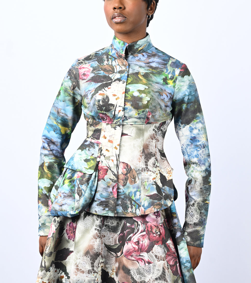 Zip Front Bucket Pocket Floral Jacket