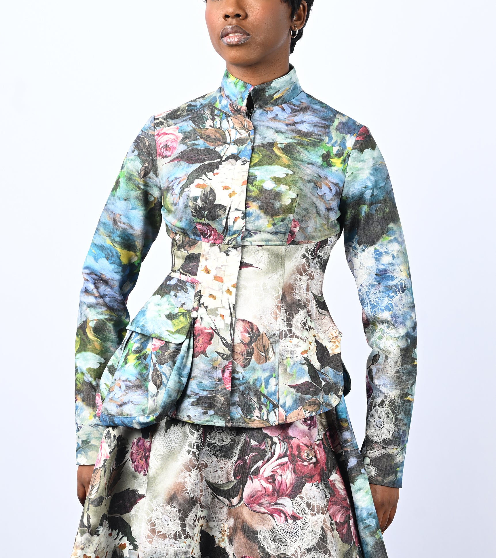 Zip Front Bucket Pocket Floral Jacket