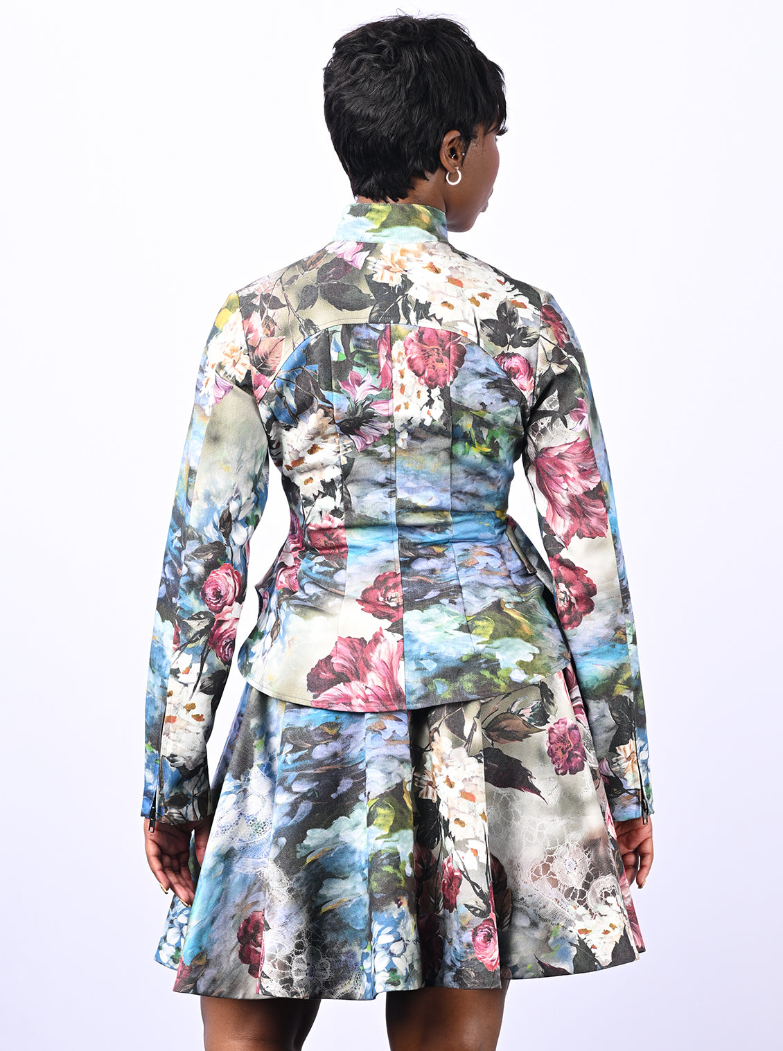 Zip Front Bucket Pocket Floral Jacket