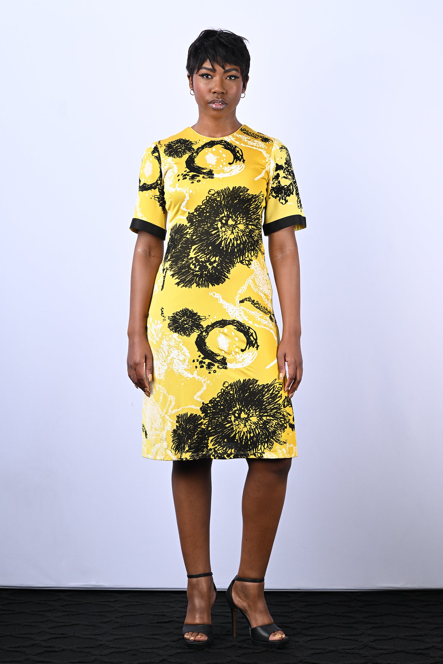 Yellow and Black Printed Jersey Dress