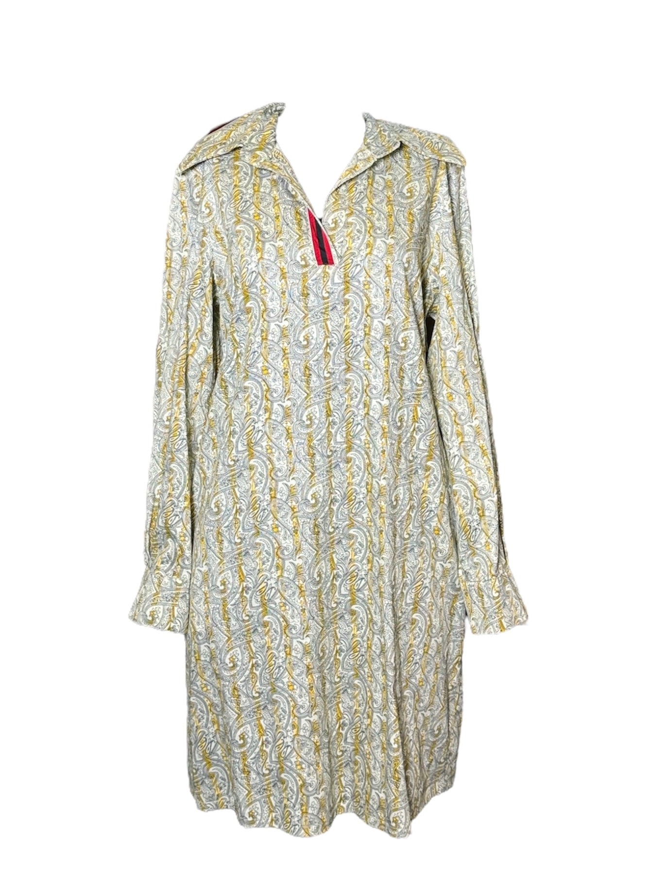 Long-sleeved Dress with V Neck and Red Stipe Detail