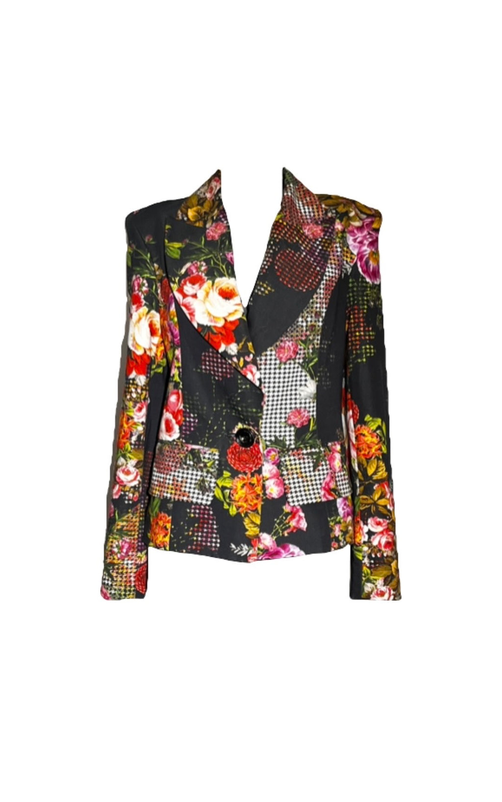 Button Front Black Cotton Floral Print Blazer