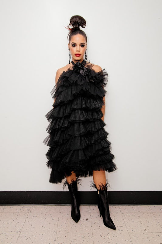 Black Chiffon T-Strap Dress with Chiffon Ruffles