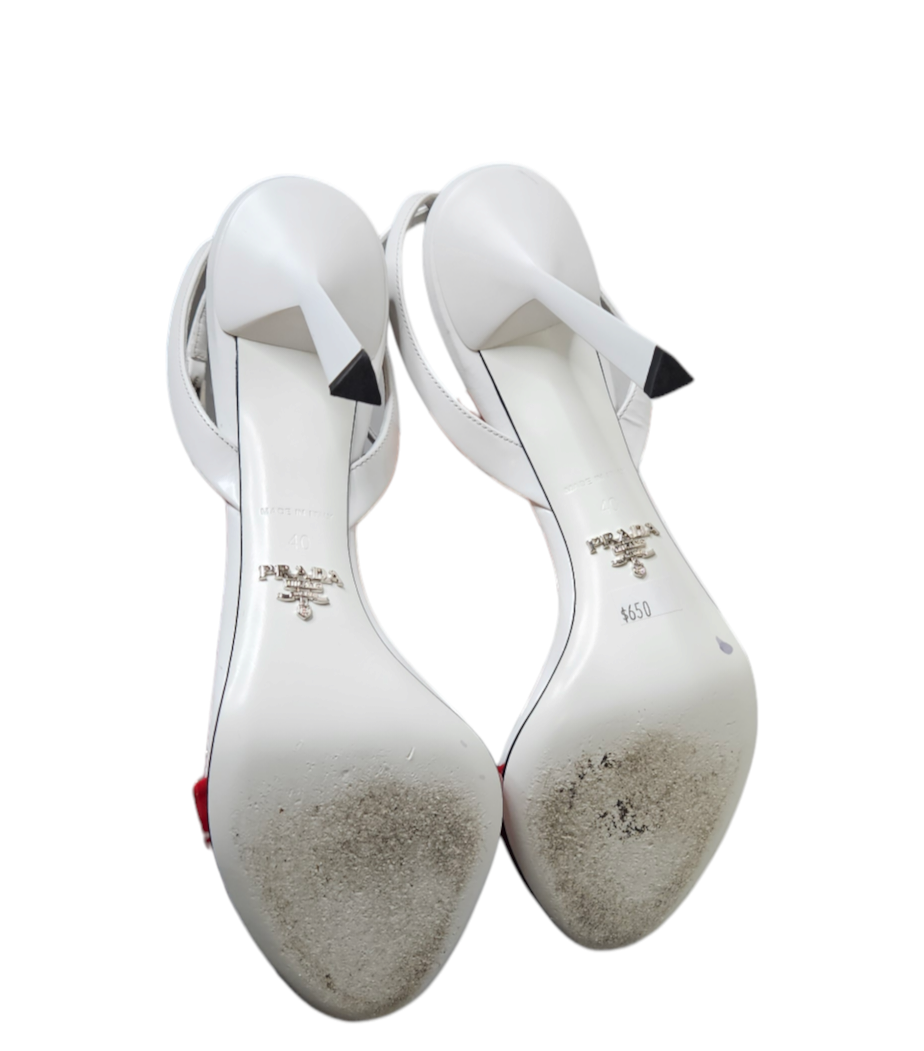 Red and White Prada Pumps with Prada Emblem