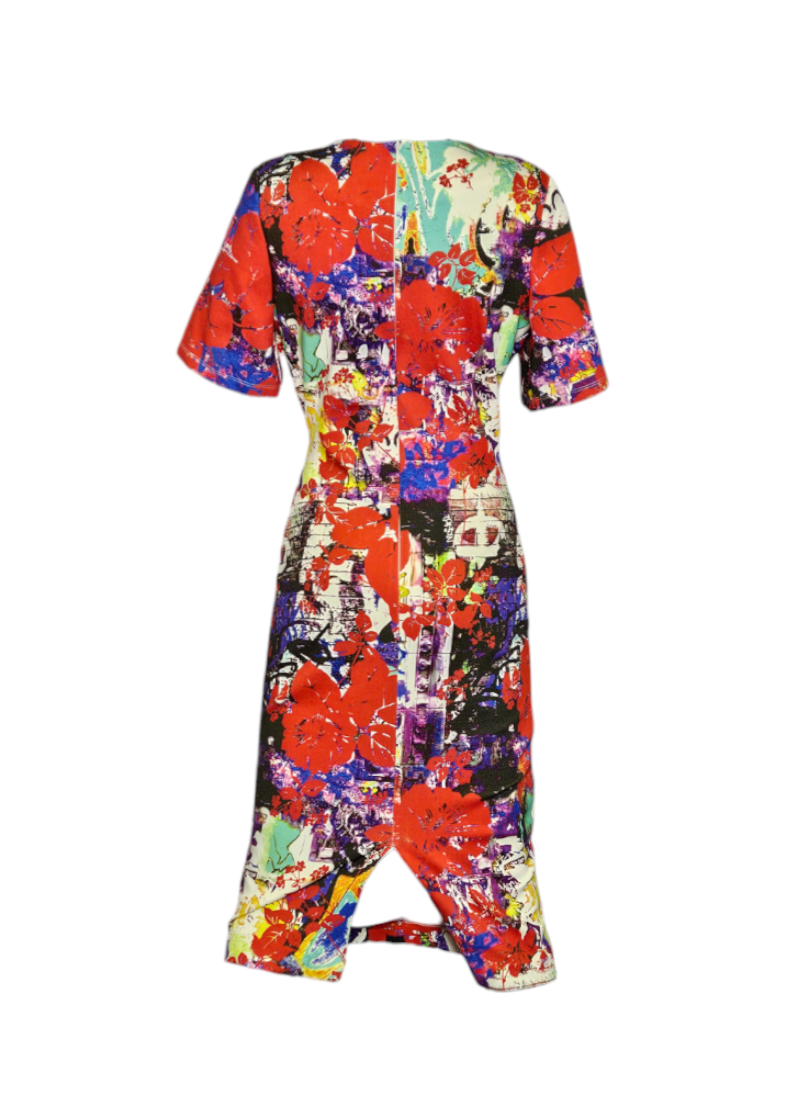 Bodycon Lace-Up Front Multicolor print Dress - XS / Coral Multi-color print Bodycon Lace-Up Front Multicolor print Dress - XS / Coral Multi-color print