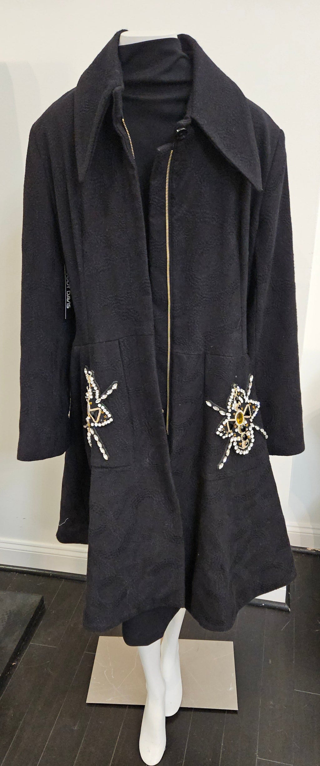 Black Zip front Coat with Jeweled Design