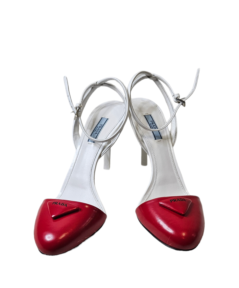 Red and White Prada Pumps with Prada Emblem