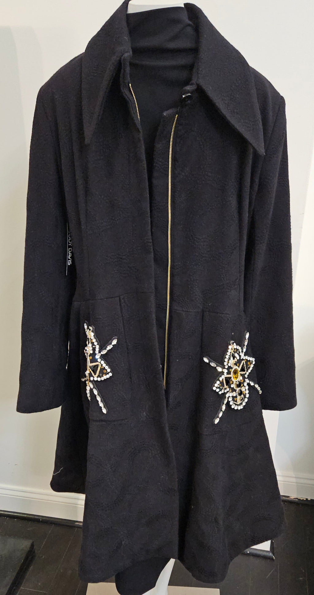 Black Zip front Coat with Jeweled Design