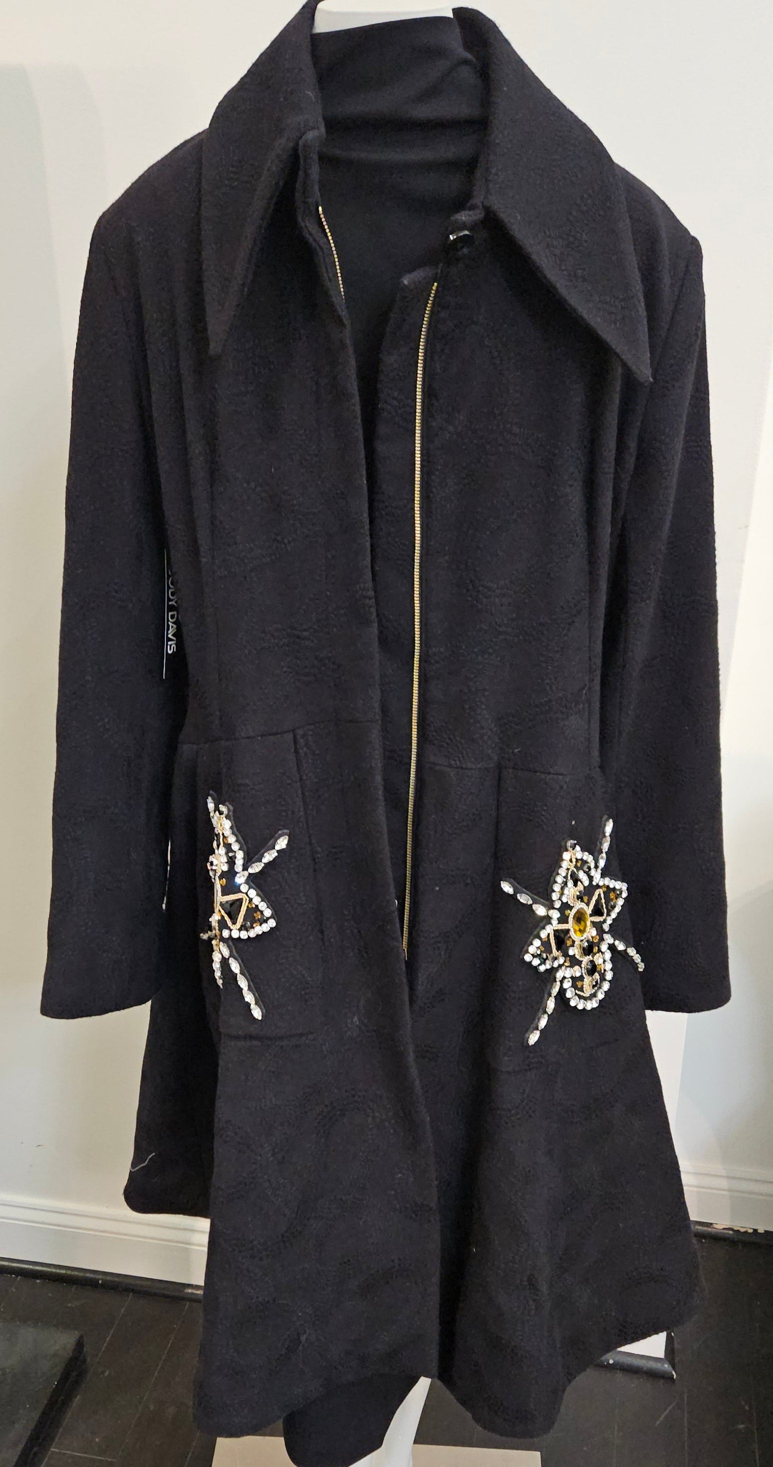 Black Zip front Coat with Jeweled Design