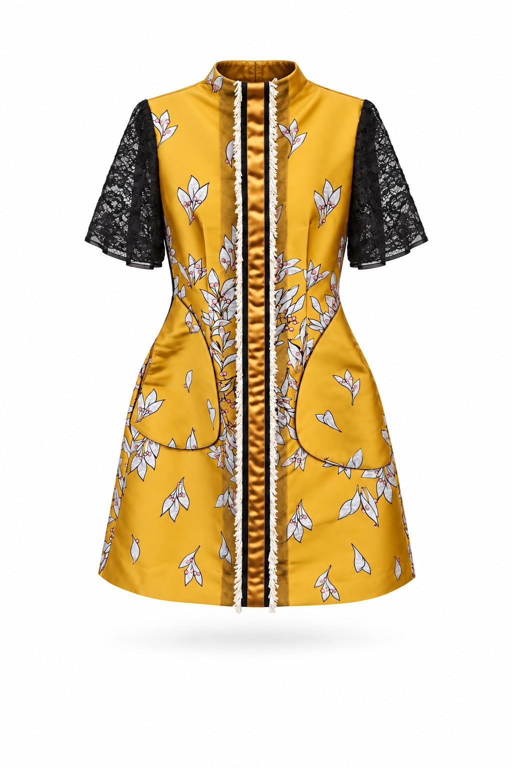 Gold Brocade Roundneck dress with beaded trim, lace sleeves, patch pockets