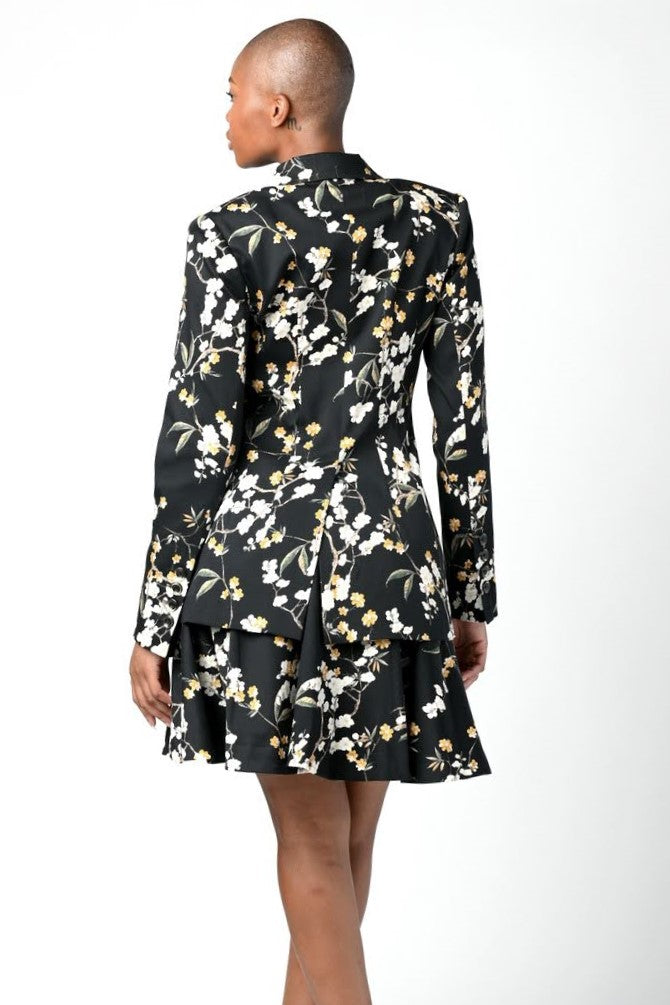 Black Floral Print Zip Front Jacket