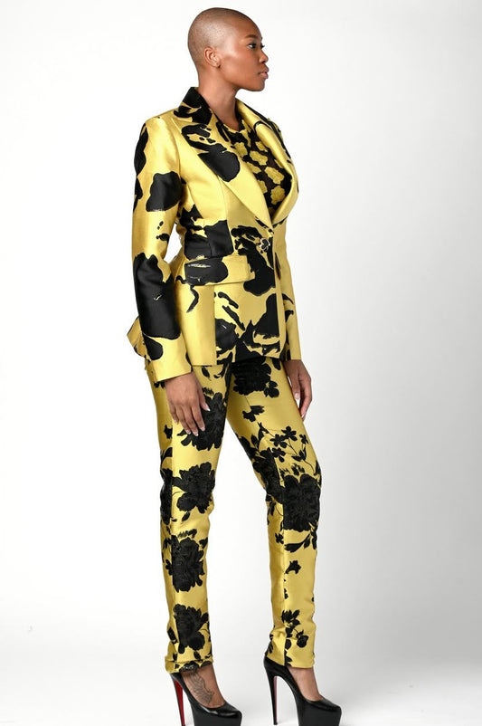 Yellow Gold and Black Floral Printed Jacket