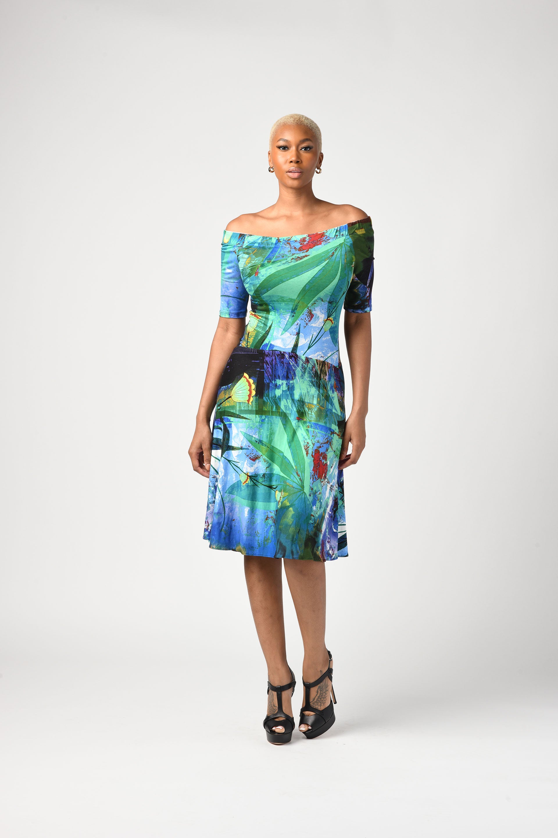 Off The Shoulder Fit & Flare Dress Tropical Green