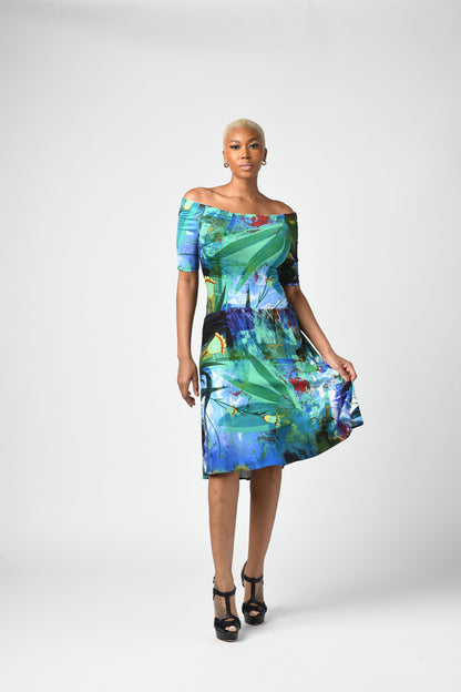 Off The Shoulder Fit & Flare Dress Tropical Green