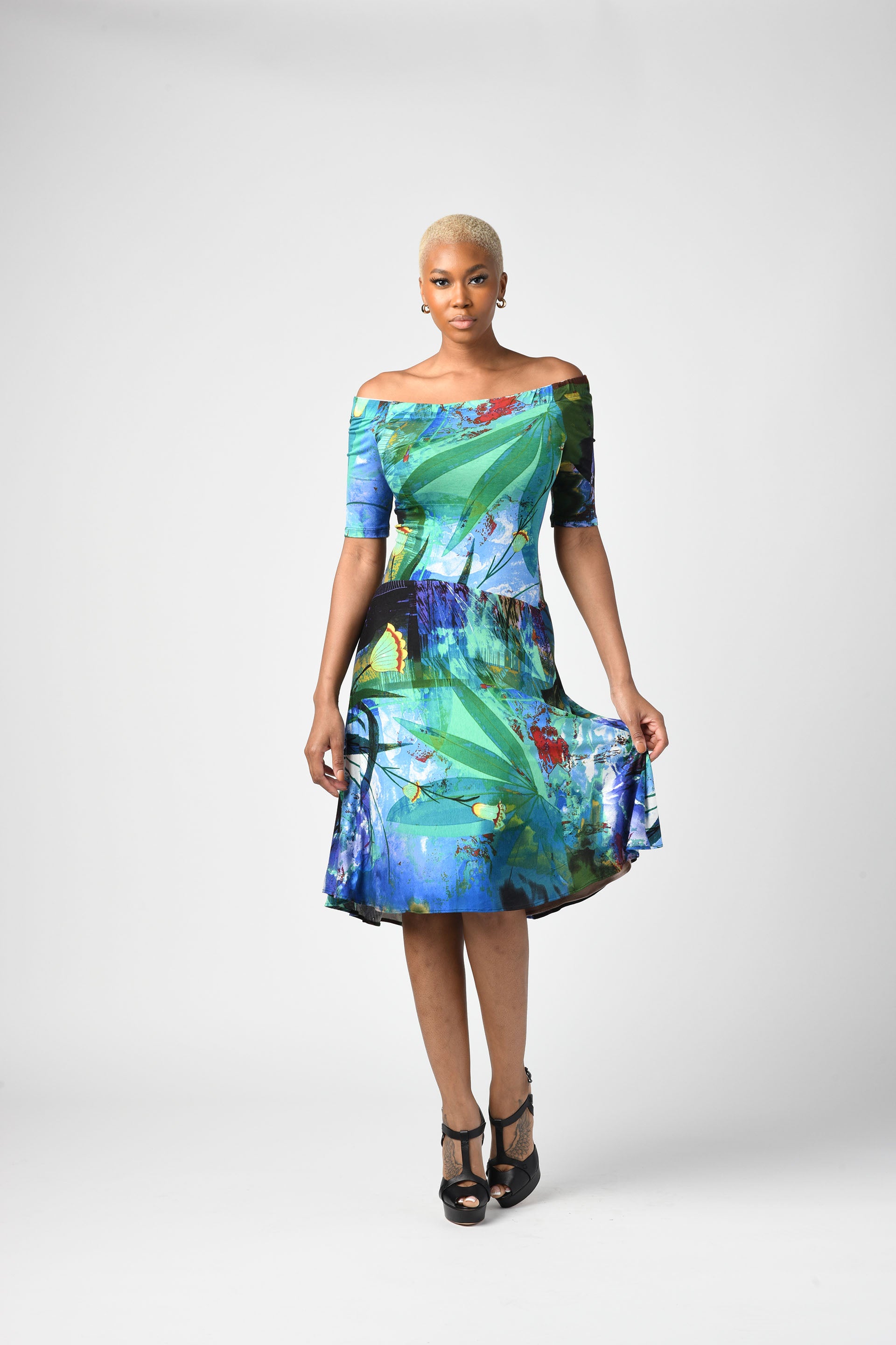 Off The Shoulder Fit & Flare Dress Tropical Green