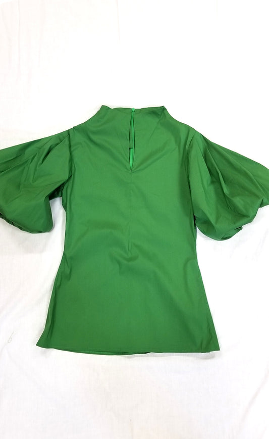 Green Cotton/Lycra Shirt with Slit front Neckline Puffed Sleeves