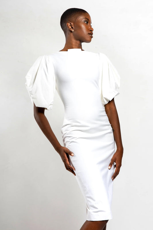 Off-White Center Highneck Neckline with Puffed Sleeves